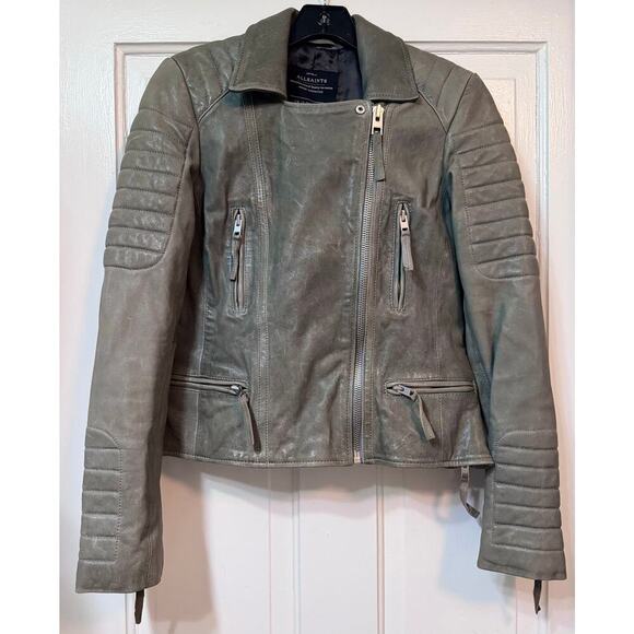 All Saints Green Distressed Leather Moto Biker Jacket Size US 8 - Picture 6 of 13